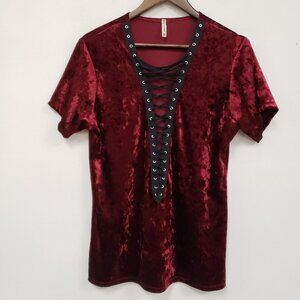 Emma & Sam Womens Velvet Lace Up Top Size M Red Edwardian Whimsigoth Vampire